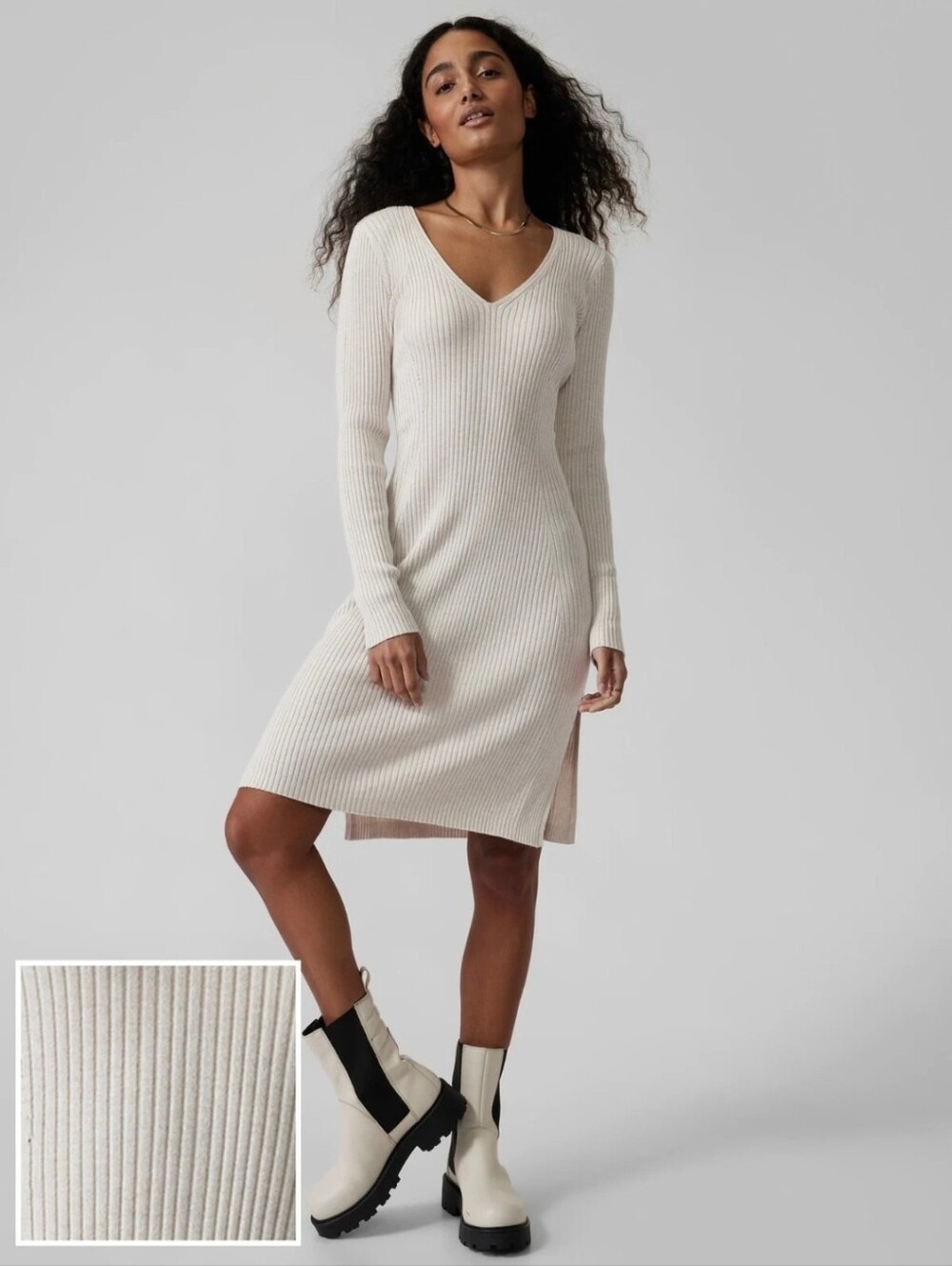 Athleta | Cream Reverie Sweater Dress V Neck Size Large